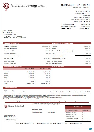 Download Gibraltar Savings Bank mortgage statement scr Photoshop template